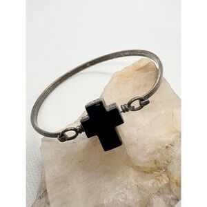 Vintage Sterling Silver Onyx Cross Bangle Bracelet 925 Two-Sided‎ 7.25" 15.38g